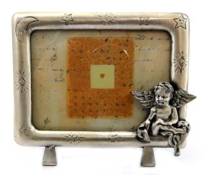 10 Pieces Pewter Picture Frame With A Moon And Stars Engraved Around The Frame And An Angel Sitting On The Bottom Right Corner – Picture Frames