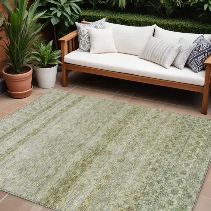 10‘ X 14‘ Artichoke Green And Beige Striped Washable Indoor Outdoor Area Rug