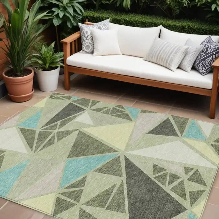 10‘ X 14‘ Artichoke Green Ivory And Aqua Geometric Washable Indoor Outdoor Area Rug