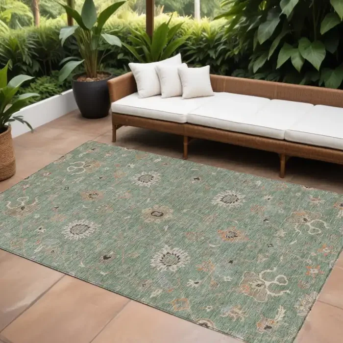10‘ X 14‘ Artichoke Green Ivory And Coral Floral Washable Indoor Outdoor Area Rug