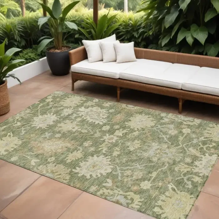 10‘ X 14‘ Artichoke Green Ivory And Tan Floral Washable Indoor Outdoor Area Rug