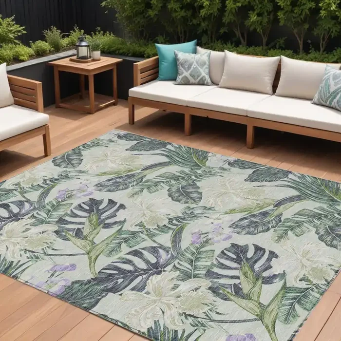 10‘ X 14‘ Artichoke Green Lavender And Ivory Botanical Leaves Washable Indoor Outdoor Area Rug