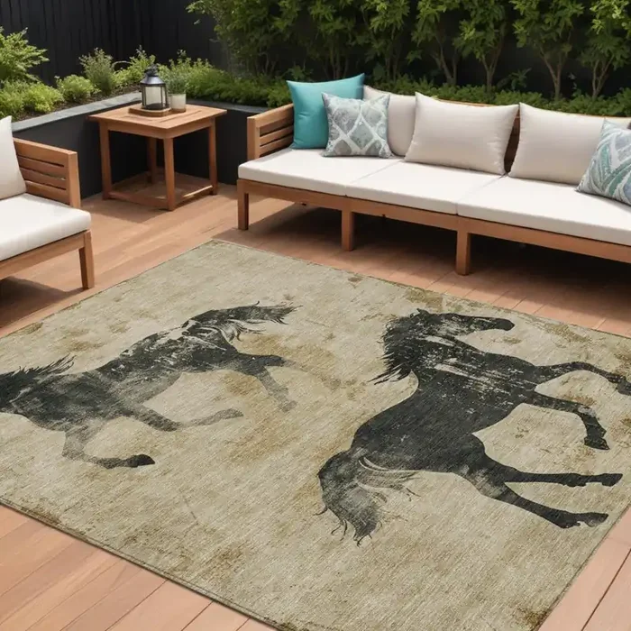 10‘ X 14‘ Beige And Charcoal Horse Washable Indoor Outdoor Area Rug
