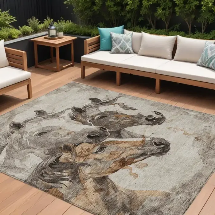 10‘ X 14‘ Beige And Gray Horse Washable Indoor Outdoor Area Rug