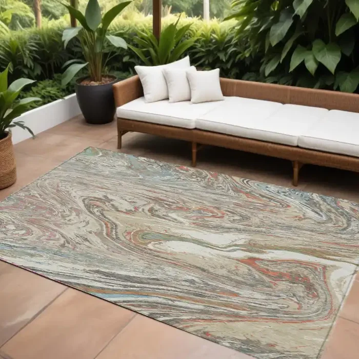 10‘ X 14‘ Beige Pink And Blue Abstract Washable Indoor Outdoor Area Rug