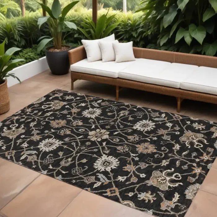 10‘ X 14‘ Black Brown And Ivory Floral Washable Indoor Outdoor Area Rug