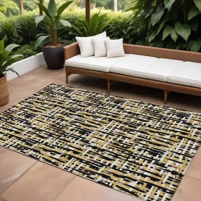 10‘ X 14‘ Black Gold And Ivory Abstract Washable Indoor Outdoor Area Rug