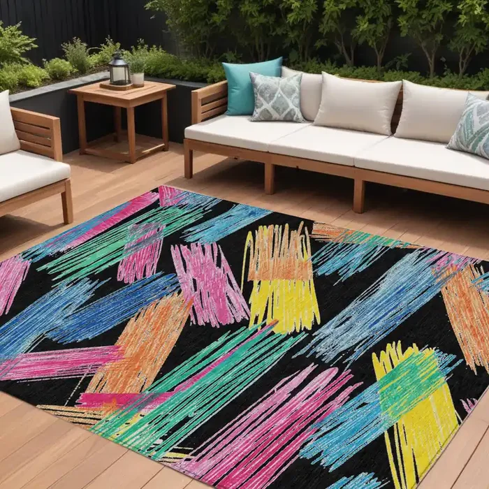 10‘ X 14‘ Black Pink Yellow Orange And Blue Striped Washable Indoor Outdoor Area Rug