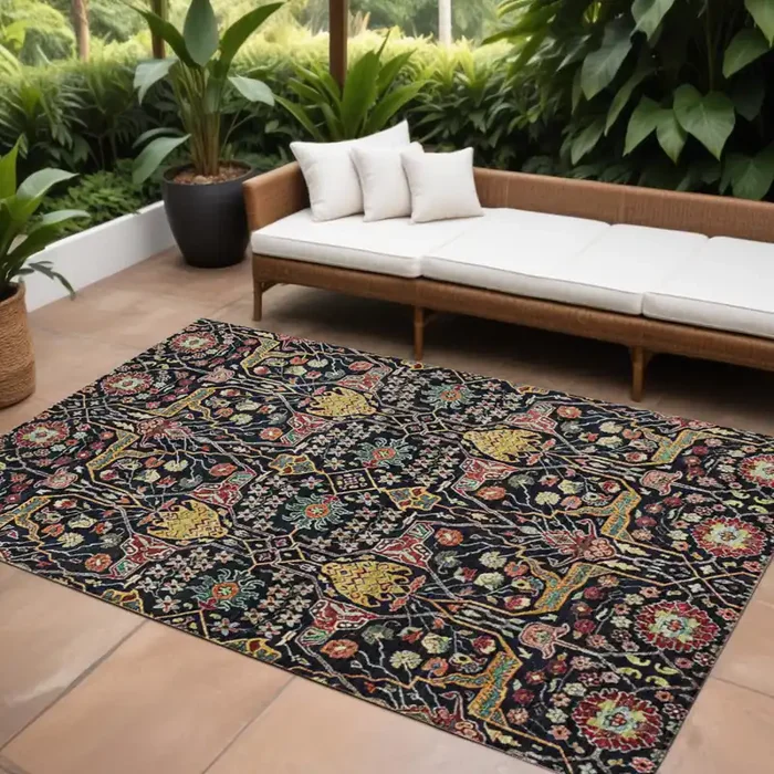 10‘ X 14‘ Black Red And Gold Floral Washable Indoor Outdoor Area Rug