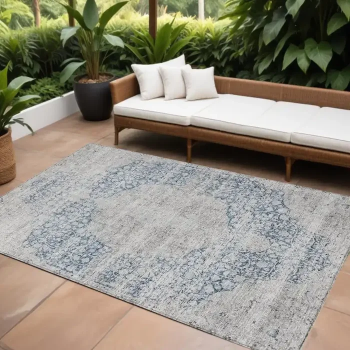 10‘ X 14‘ Blue And Ivory Oriental Washable Indoor Outdoor Area Rug