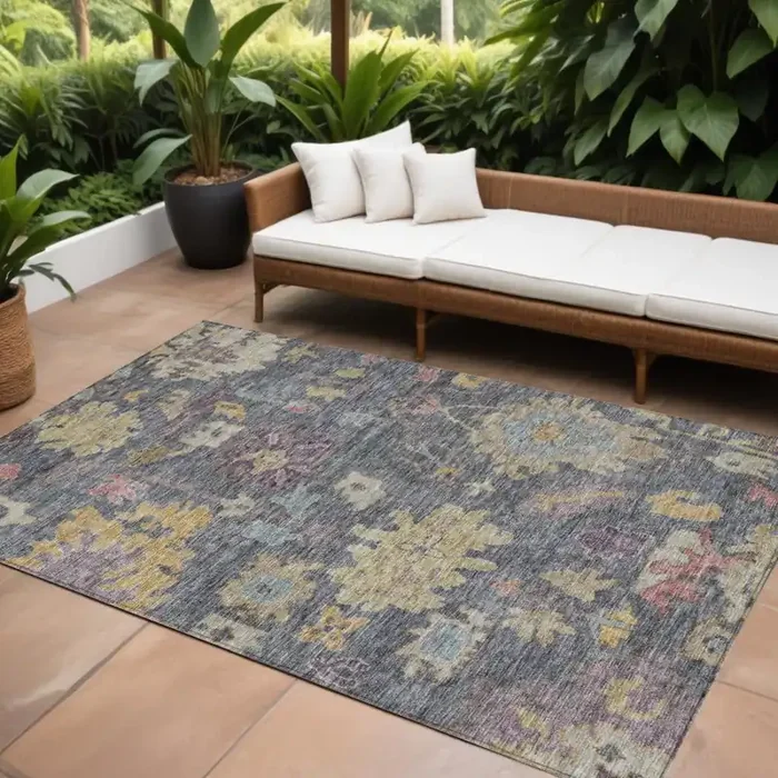 10‘ X 14‘ Blue Charcoal And Gold Floral Washable Indoor Outdoor Area Rug