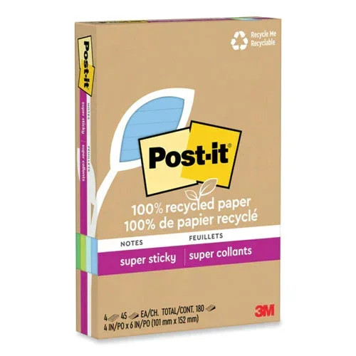 100% Recycled Paper Super Sticky Notes, Ruled, 4 ” X 6 “, Oasis, 45 Sheets/pad, 12 Pads/pack