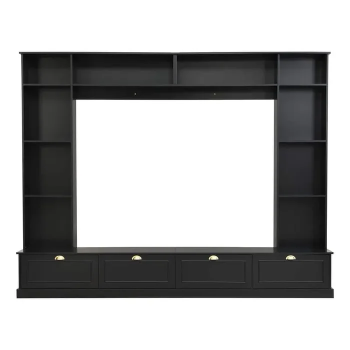104.2 in. W x 15 in. D x 81.2 in. H Black Linen Cabinet with TV Stand, Bridge and Open Shelves for TV up to 78 in.