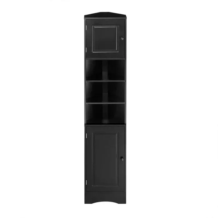 14.6 in. W x 9.4 in. D x 66.9 in. H Black Corner Linen Cabinet with 2-Doors and Adjustable Shelves, Open Shelf