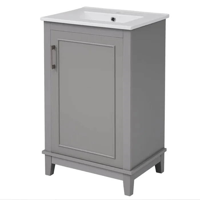 20 in. W x 15.5 in. D x 33.3 in. H Single Sink Bath Vanity in Gray with White Ceramic Top and Door Shelves