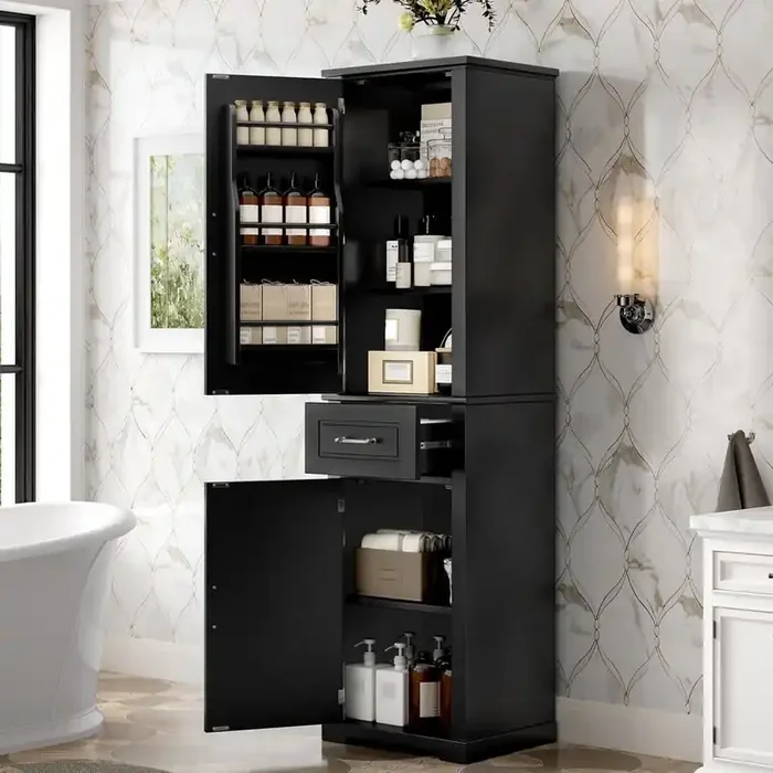 20 in. W x 15.8 in. D x 72.1 in. H Black Wood Bathroom Storage Linen Cabinet with Different Size and Adjustable Shelf