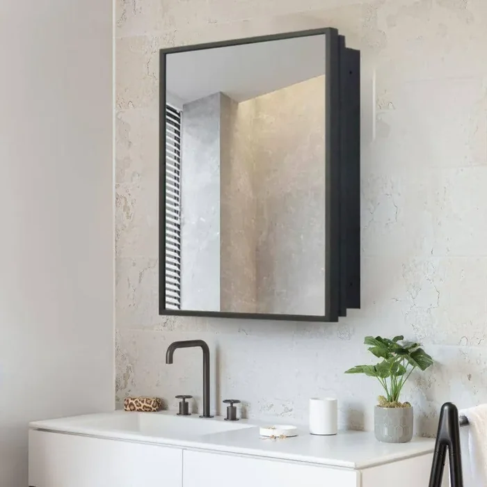 20 in. W x 26 in. H Rectangular Black Iron Medicine Cabinet with Mirror