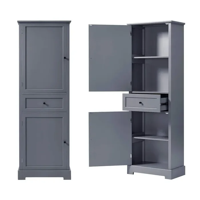 22 in. W x 12 in. D x 65 in. H Gray MDF Freestanding Bathroom Linen Cabinet with Adjustable Shelf & Anti-Toppling Device