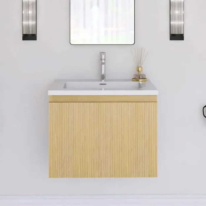 23.62 in. W x 18.90 in. D x 18.19 in. H Wall-Mounted Bath Vanity in Yellow Oak with White Resin Top