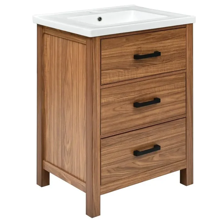 24.40 in. W x 18.30 in. D x 33.80 in. H One Sink Bath Vanity in Brown with White Ceramic Top and 3 Drawers
