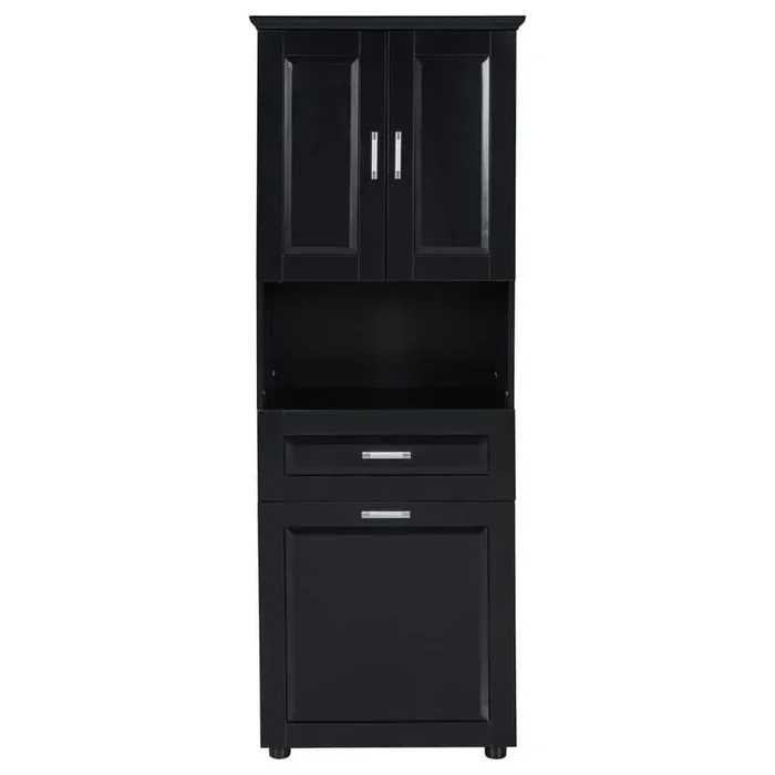24.72 in. W x 16.29 in. D x 69.92 in. H Bathroom Cabinet with Tilt-Out Laundry Hamper and Upper Storage Cabinet, Black