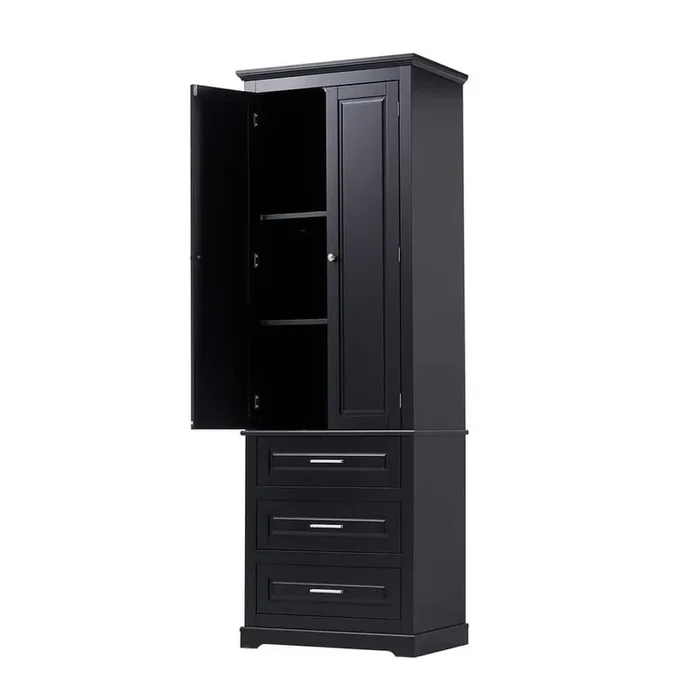 24 in. W x 15.7 in. D x 70 in. H Black Bathroom Freestanding Linen Cabinet with 3 Drawers