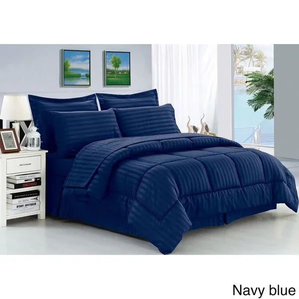 3 Sets 8 Piece Embossed Stripe Bed In A Bag Queen Size In Navy – Comforters & Bed Sets