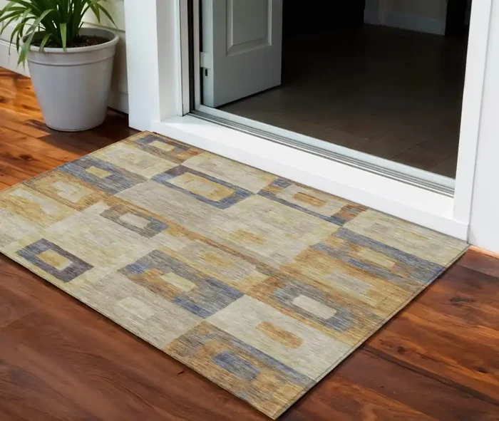 3‘ X 5‘ Linen Blue And Copper Geometric Washable Indoor Outdoor Area Rug