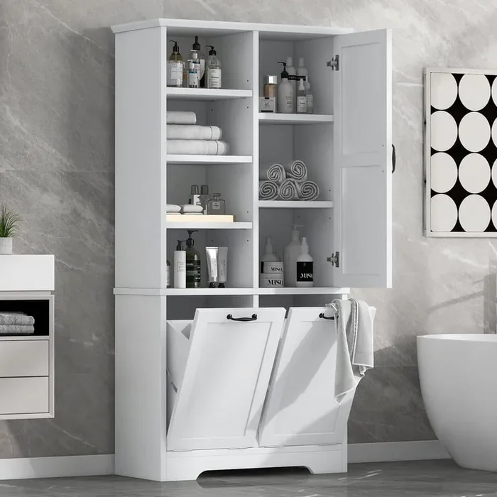 31 in. W x 14 in. D x 68 in. H White Wood Bathroom Linen Cabinet with Tilt-Out Laundry Hamper and Adjustable Shelf