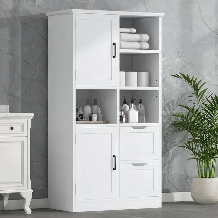 31 in. W x 16 in. D x 62 in. H White MDF Freestanding Linen Cabinet with Doors and Adjustable Shelf