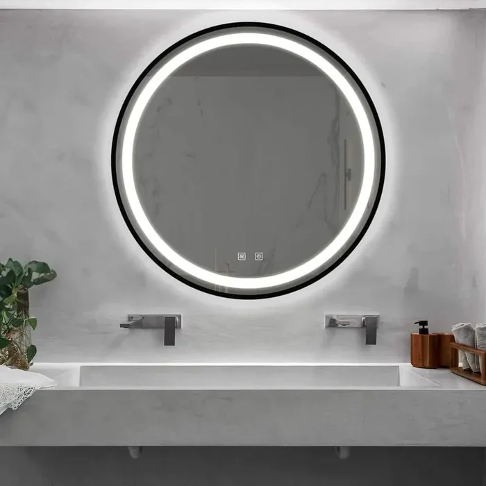 32 in. W x 32 in. H Round Framed Wall Anti-Fog LED Light Bathroom Vanity Mirror Black , Switch Control
