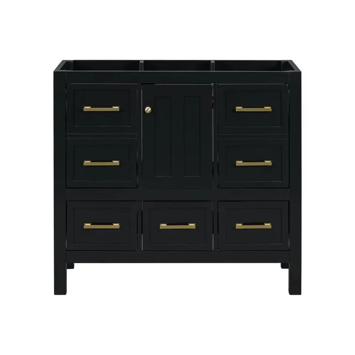 35.5 in. Solid Wood Frame Freestanding Bath Vanity Cabinet without Top in Black with 5 Drawers and Soft Closing Doors