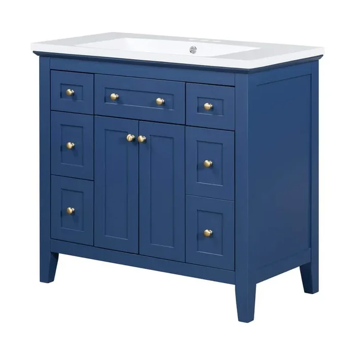 36 in. W x 18 in. D x 34.4 in. H Single Sink Bath Vanity in Dark Blue with White Resin Top and Six Drawers