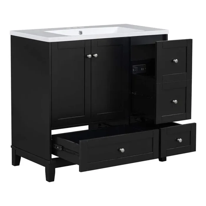 36 in. W x 18 in. D x 34 in. H Single Sink Bath Vanity in Black with White Resin Top and 3-Drawers