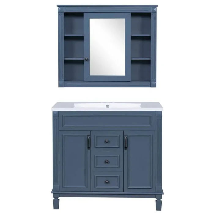 36 in. W X 18 in. D X 34 in. H Single Sink Freestanding Bath Vanity in Blue with White Resin Top and Blue Mirror Cabinet