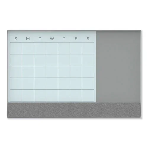 3n1 Magnetic Glass Dry Erase Combo Board, Monthly Calendar, 24 X 18, White/gray Surface, White Aluminum Frame