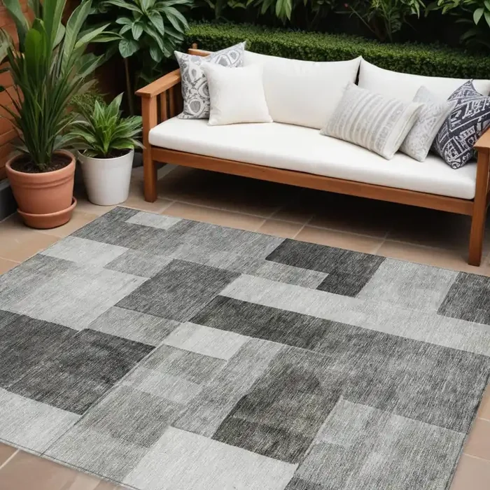 9‘ X 12‘ Pewter And Black Geometric Washable Indoor Outdoor Area Rug