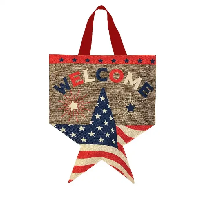 American Star Burlap Door Hanger Patriotic Welome Embroidered 13‘ X 20‘
