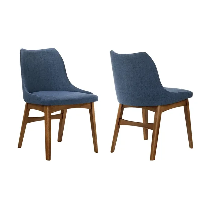 Azalea Blue Fabric and Walnut Wood Dining Side Chairs – Set of 2