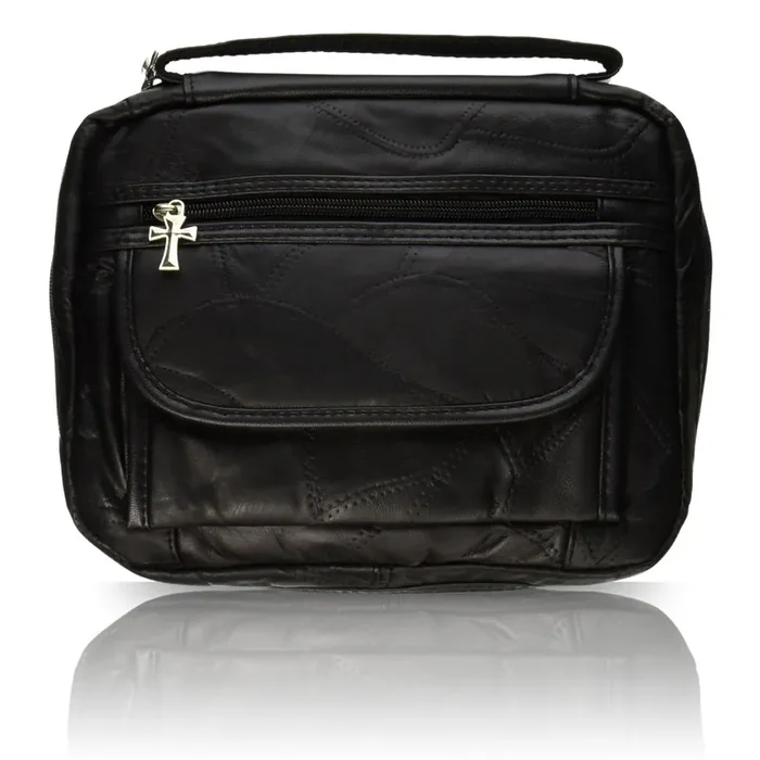 Bible Cover – Genuine Leather – Black – Cross Style Zipper Pulls And Extra Hook And Loop Pockets – Carrying Strap – Fits Most St
