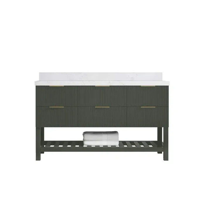Catalina 60 in. Single Sink Freestanding Pewter Green Bath Vanity with Empira White Qt. Top Unassembled