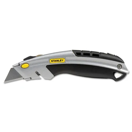 Curved Quick-change Utility Knife, Stainless Steel Retractable Blade, 3 Blades, 6.5 ” Metal Handle, Black/chrome