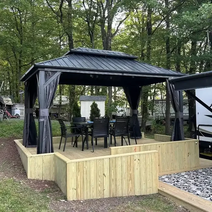 Domi 10 X 12 Hardtop Gazebo Canopy With Netting & Curtains, Outdoor Aluminum Gazebo With Galvanized Steel Double Roof For Patio