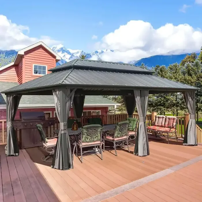 Domi 12 X 20 Hardtop Gazebo Canopy With Netting & Curtains, Outdoor Aluminum Gazebo With Galvanized Steel Double Roof For Patio