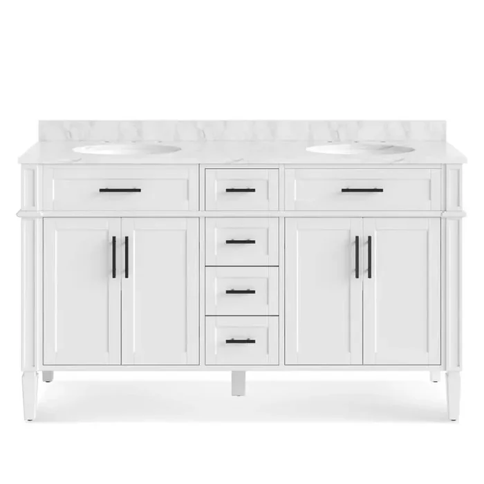 Hampton 60 in. W x 21.5 in. D x 35 in. H Double Sink Freestanding Bath Vanity in White with White Carrara Marble Top