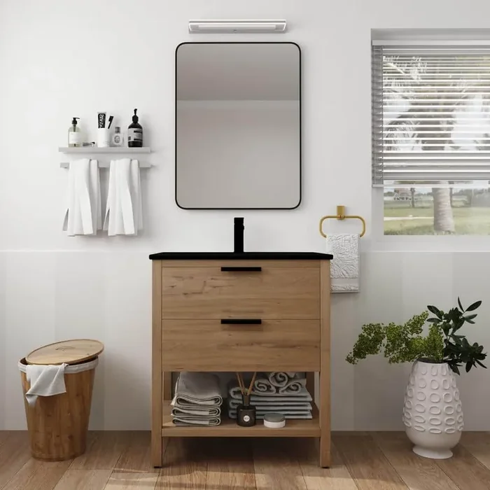 High Qquality 30 in. W x 18.3 in. D x 33.5 in. H Freestanding Bath Vanity in Imitative Oak with Black Ceramic Top