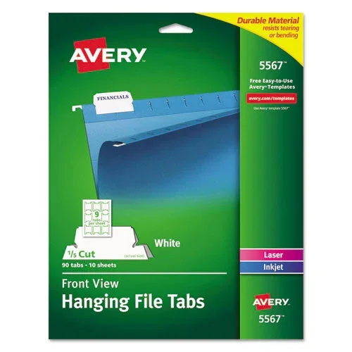Laser Printable Hanging File Tabs, 1/5-cut, White, 2.06 ” Wide, 90/pack