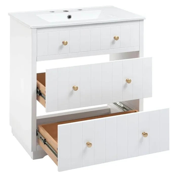 Modern 30 in. W. x 18.3 in. D x 34 in. H Single Sink Freestanding Bath Vanity in White White Ceramic Top and 2-Drawers