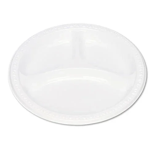 Plastic Dinnerware, Compartment Plates, 9 ” Dia, White, 125/pack