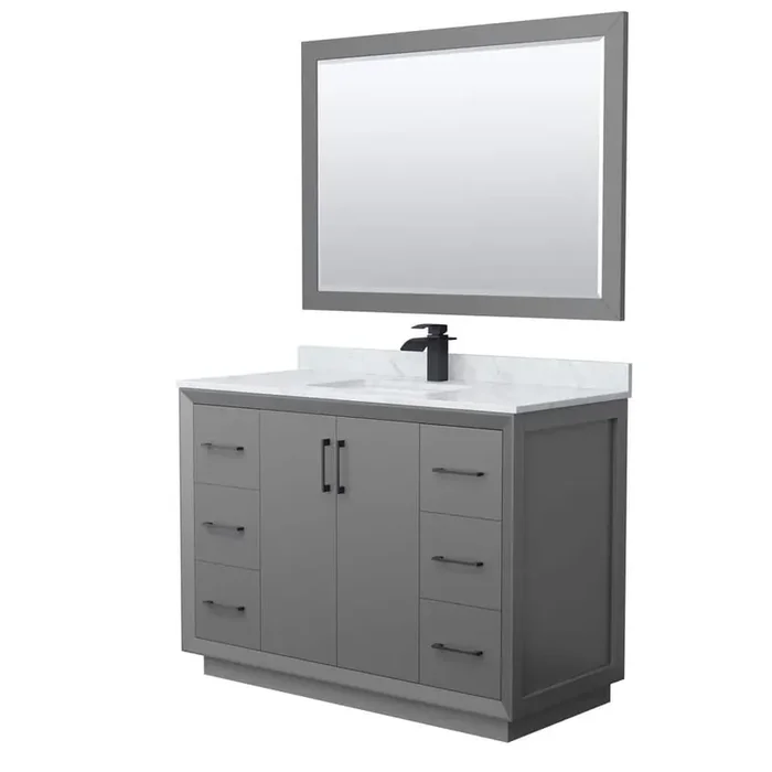 Strada 48 in. W x 22 in. D x 35 in. H Single Bath Vanity in Dark Gray with White Carrara Marble Top and 46 in. Mirror